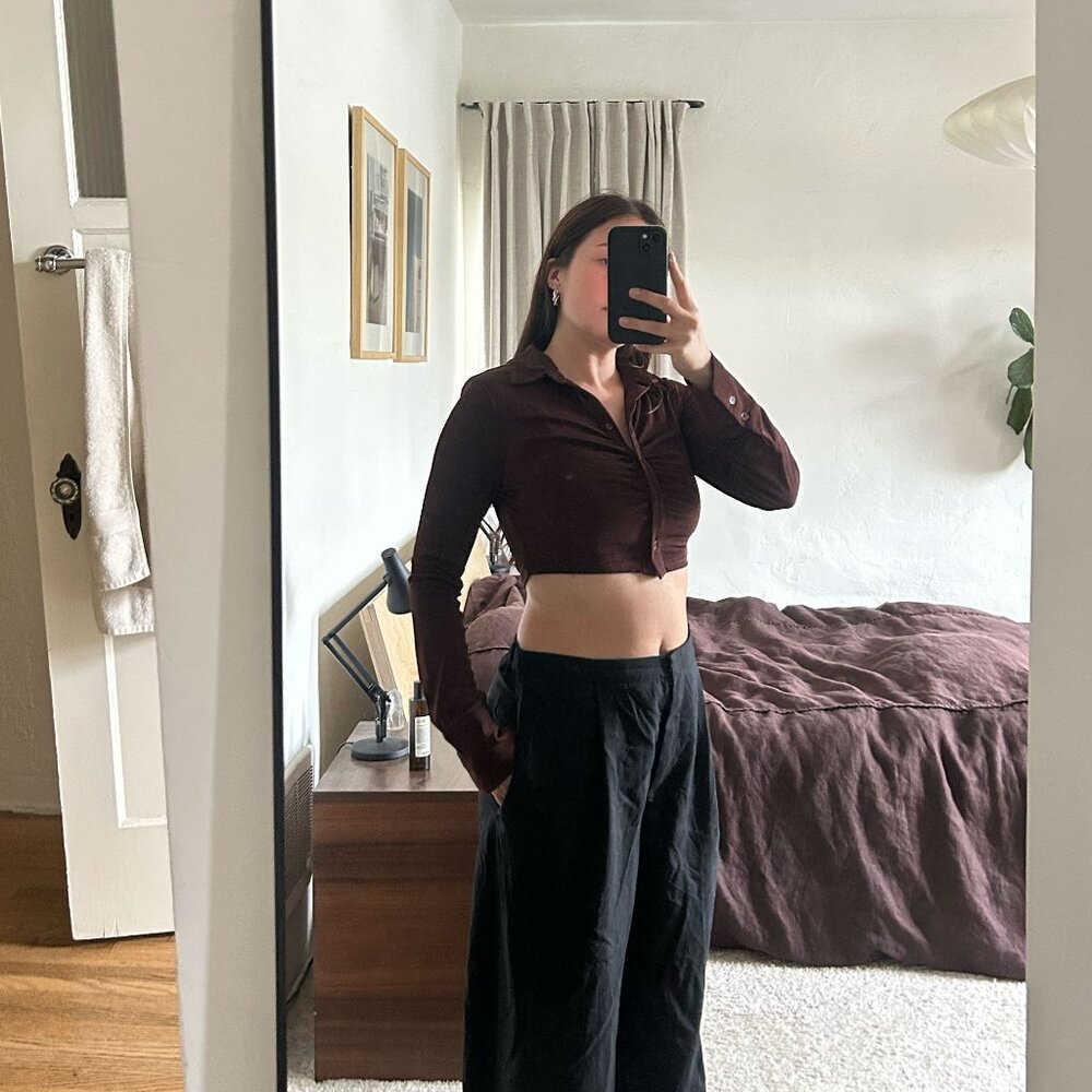 ISALIS Brown Long Sleeve Ruched Crop Top